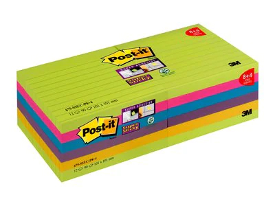 Foglietti Post-it® Super Sticky, Colori Arcobaleno, a righe, 101 mm x 101 mm, 8 blocchetti + 4 gratis