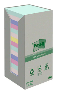 Foglietti in carta riciclata Post-it®, colori assortiti, 76 mm x 76 mm, 100 foglietti/blocchetto, 16 blocchetti/confezione