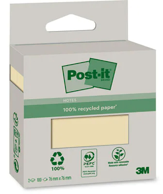 Foglietti in carta riciclata Post-it®, Canary Yellow, 76 mm x 76 mm, 100 foglietti/blocchetto, 2 blocchetti/confezione