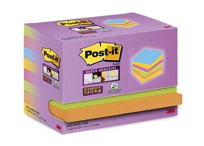 Foglietti Post-it® Super Sticky Colorati, 47,6 x 47,6 mm, confezione a torre di 16 blocchetti