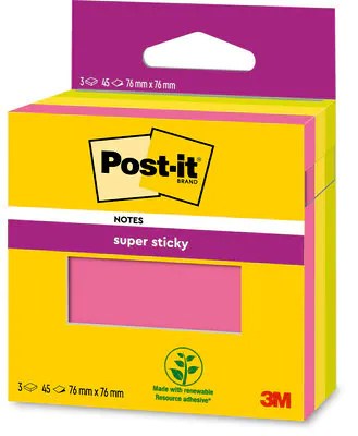 I foglietti Post-it® Super Sticky colorati, colori assortiti, 76 x 76 mm, 45 foglietti/blocchetto, 3 blocchetti/confezione