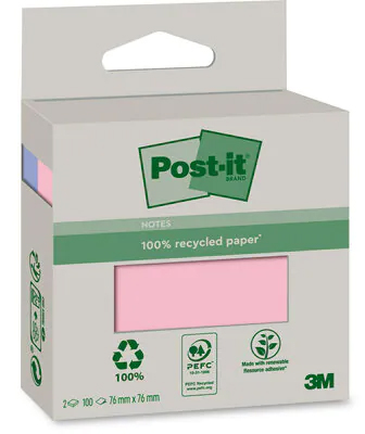 Foglietti Post-it® riciclati, colori assortiti, 76 mm x 76 mm, 100 foglietti/blocchetto, 2 blocchetti/confezione