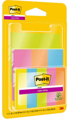 Foglietti Post-it® Super Sticky colorati, colori assortiti, confezione combinata con segnapagina, 45 foglietti/blocchetto, 9 blocchetti/confezione