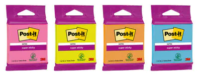 Foglietti Post-it® Super Sticky, 4 colori assortiti, 76 mm x 76 mm, 45 foglietti/blocchetto, 1 blocchetto/confezione